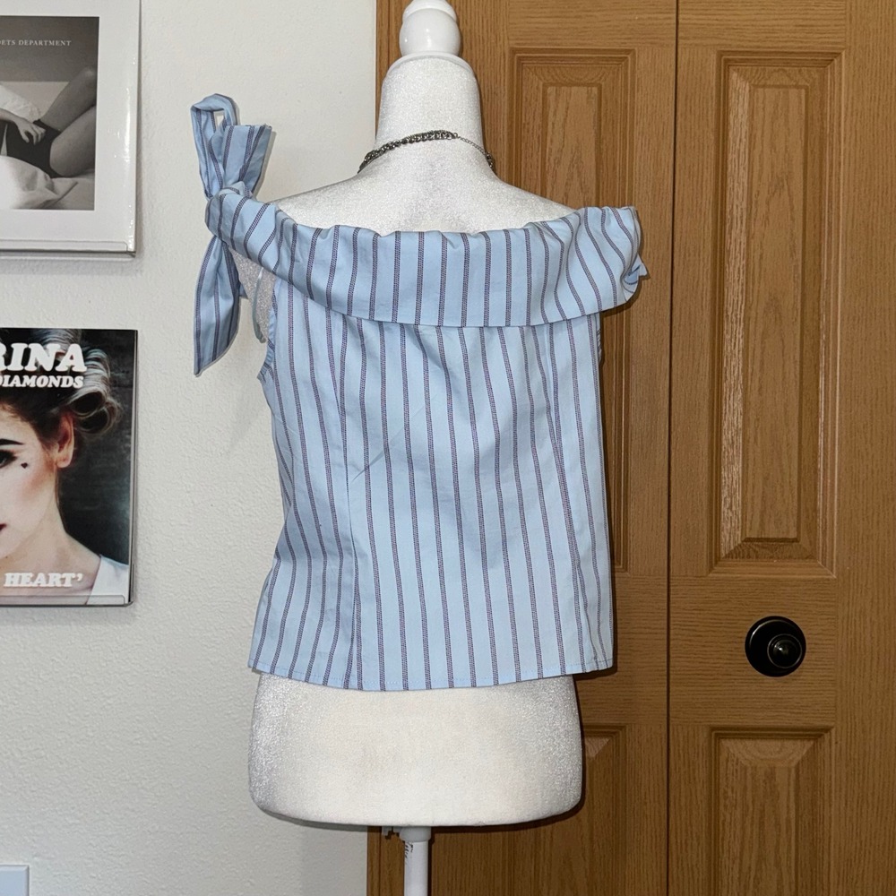 Francesca's Blue Striped Off Shoulder Bow Top Cotton Blouse Large Coastal Wear - Picture 3 of 9